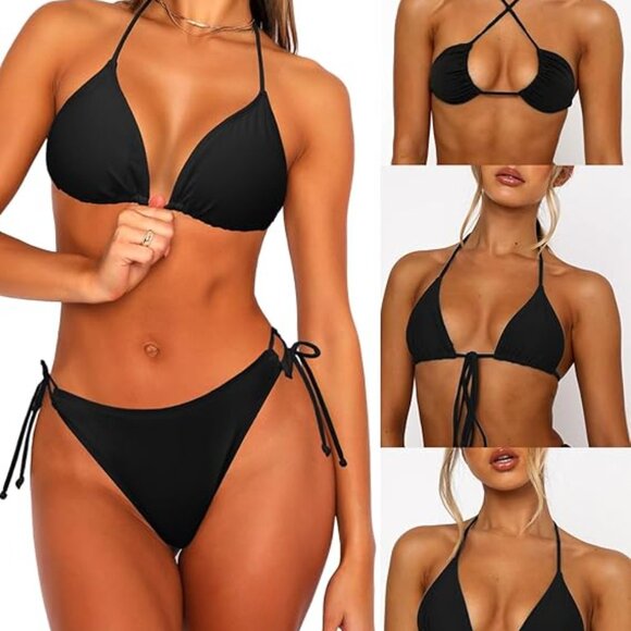 OZICERD Black Triangle String Bikini Set Swimsuit bathing suits | Large | New - Picture 5 of 9